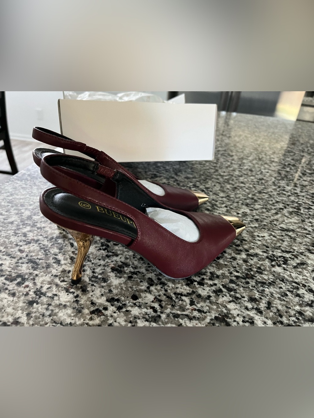 Burgundy Slingback Pointed-Toe Heels with Gold Accents